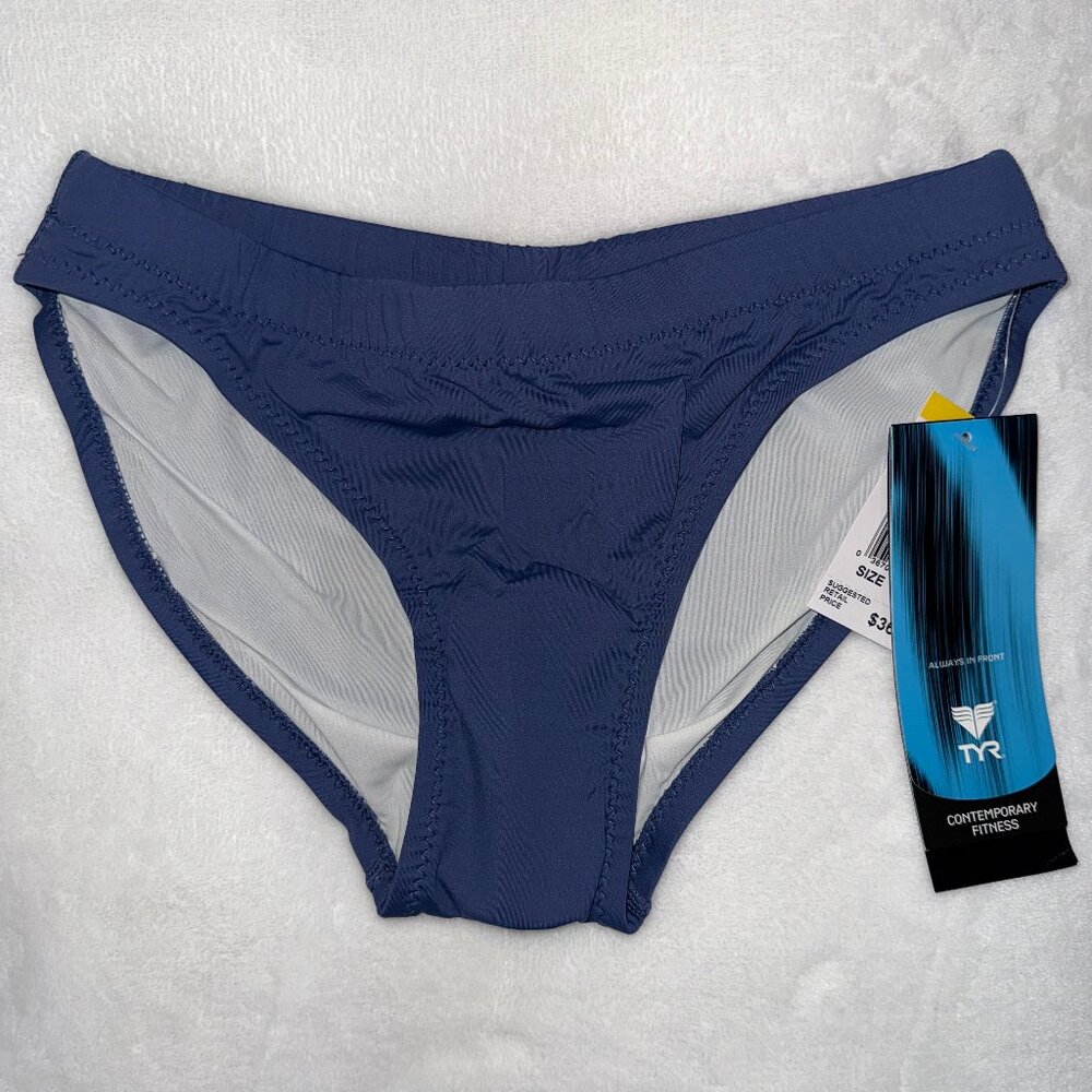 TYR Solid Blue Bikini Bottom "Title Nine Tugless" hidden drawstring 6 XS NWT